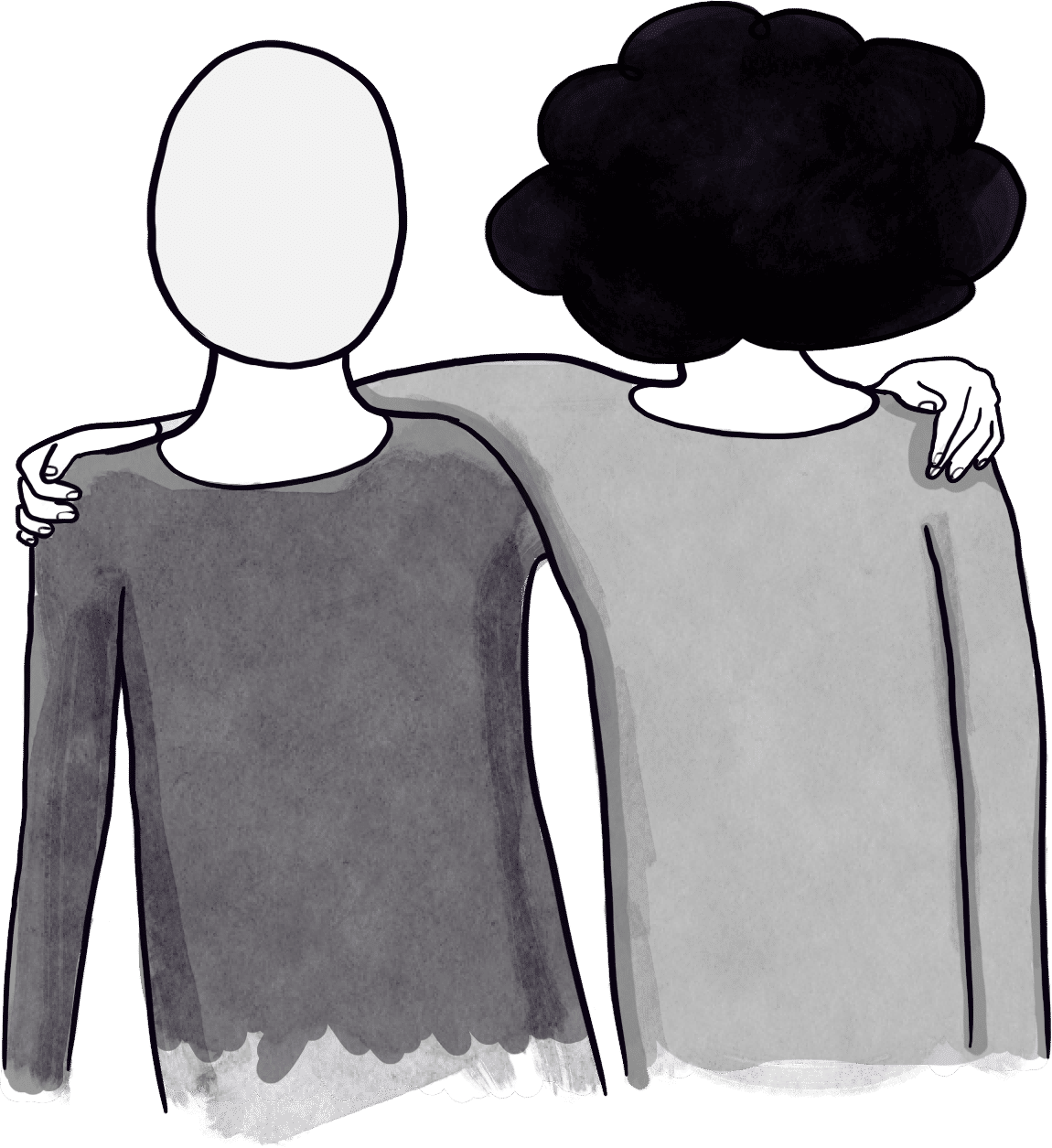 Two people with arms around each other - they are friends. One has a normal head and the other has a black cloud for a head.