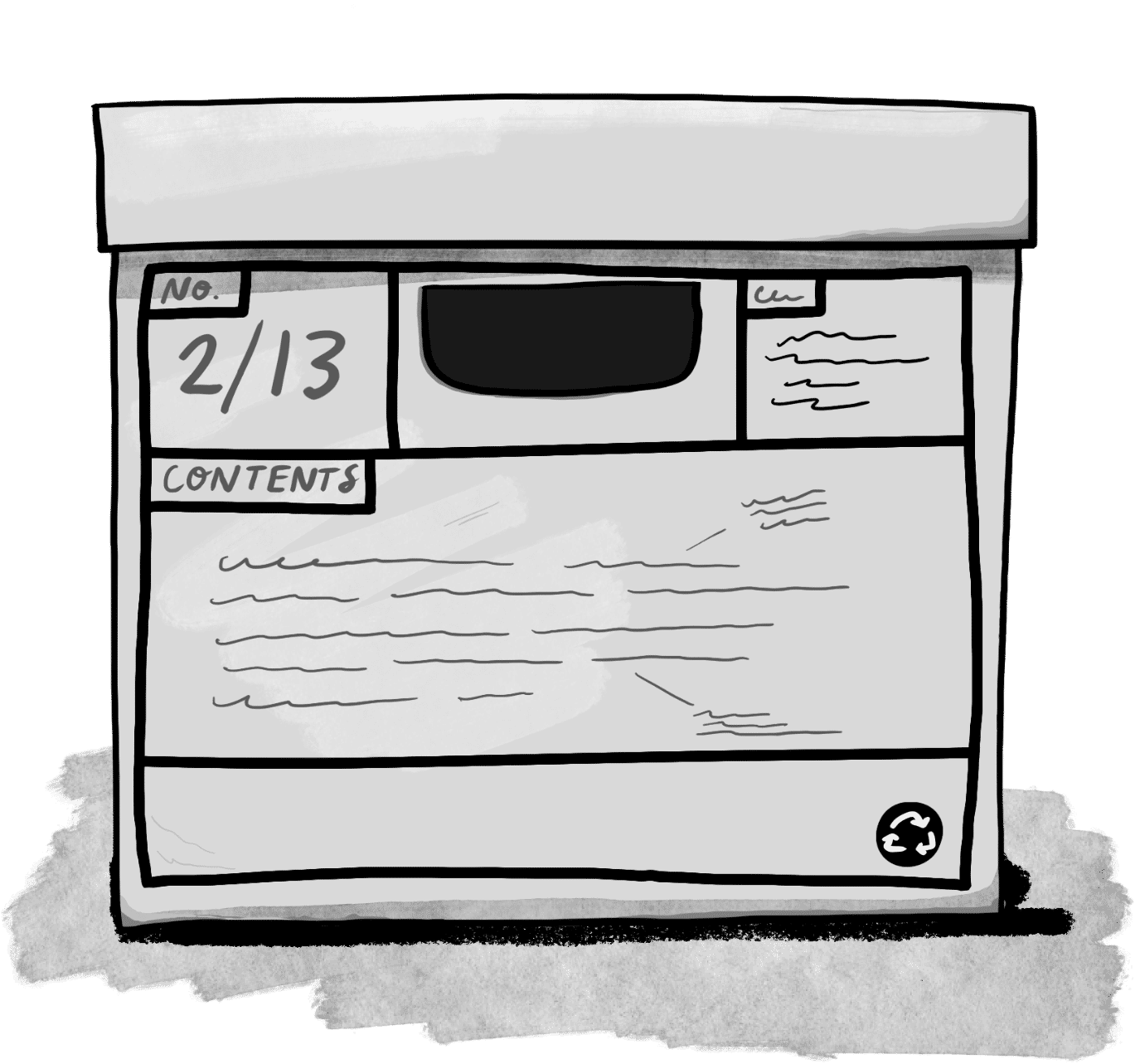 a file box with the label “2/13”