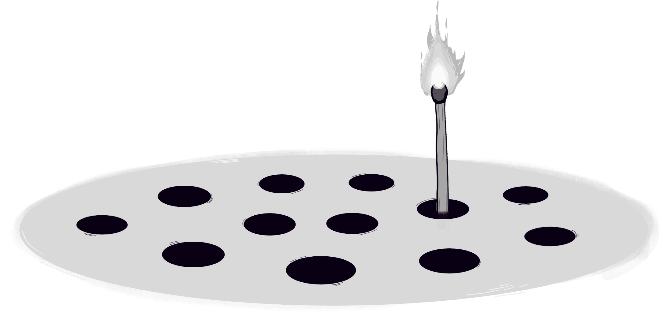 A whack-a-mole-surface with a lit match coming up from one hole