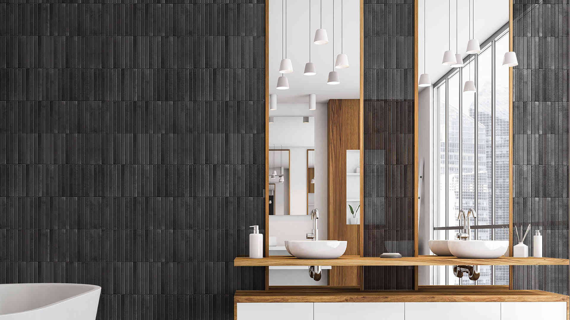 White,and,wooden,bathroom,with,two,sinks,,white,bathtub,on