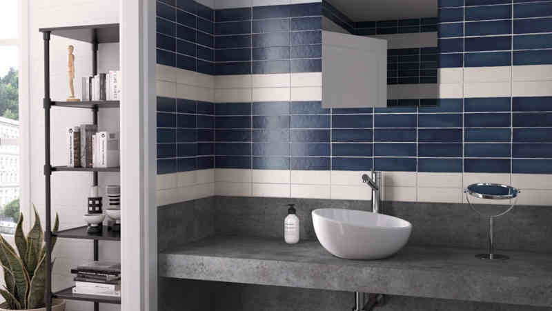 Local Tile + Co Equipe Wall + Floor Magma Sea Blue White Bathroom