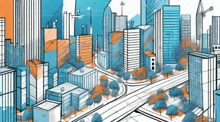 A cityscape with various business buildings using GIS services