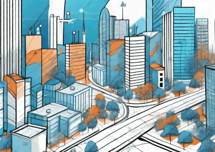 A cityscape with various business buildings using GIS services