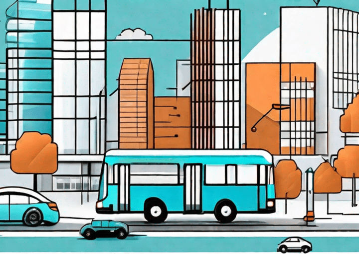 A cityscape with various modes of transportation like buses