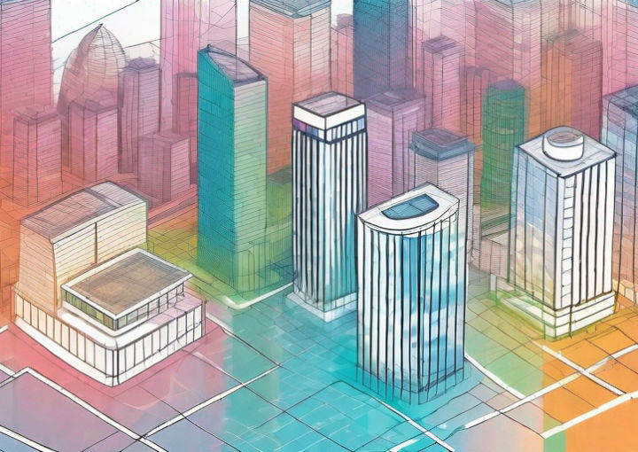 A cityscape with various properties highlighted in different colors