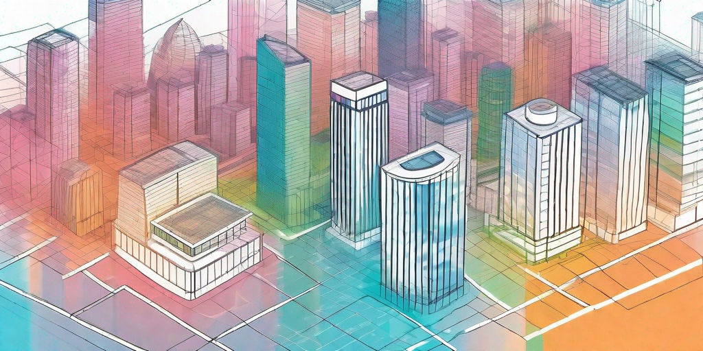 A cityscape with various properties highlighted in different colors