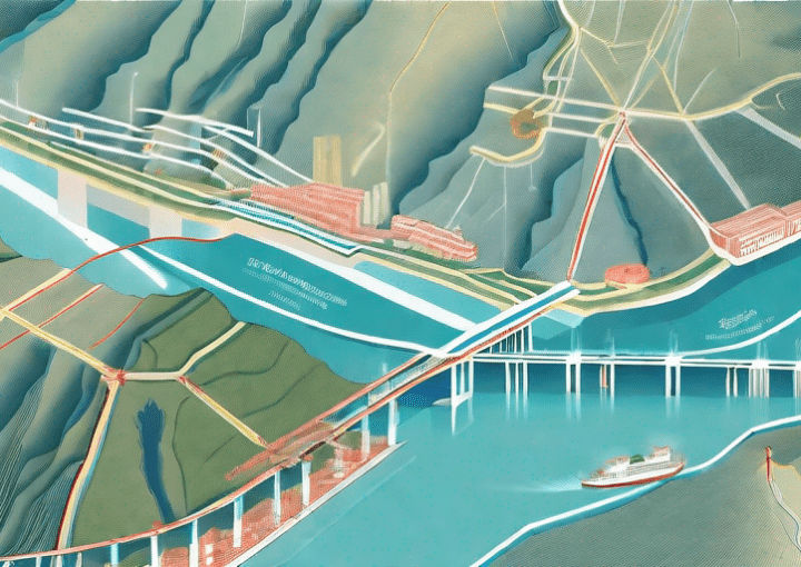 The three gorges dam with various highlighted sections indicating different gis (geographic information system) data points