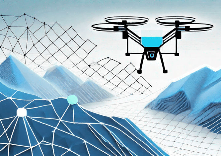 A drone flying over a varied landscape (mountains