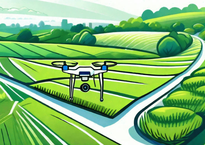 A drone flying over a lush green field