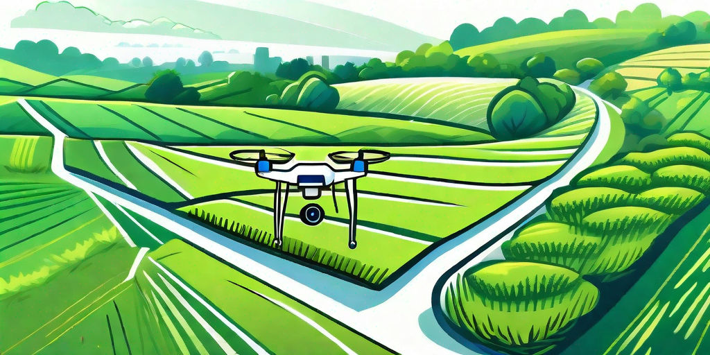 A drone flying over a lush green field