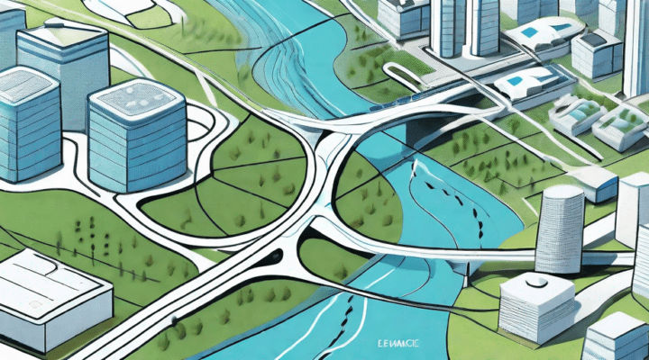 A cityscape with geospatial software overlays showing flood defense systems