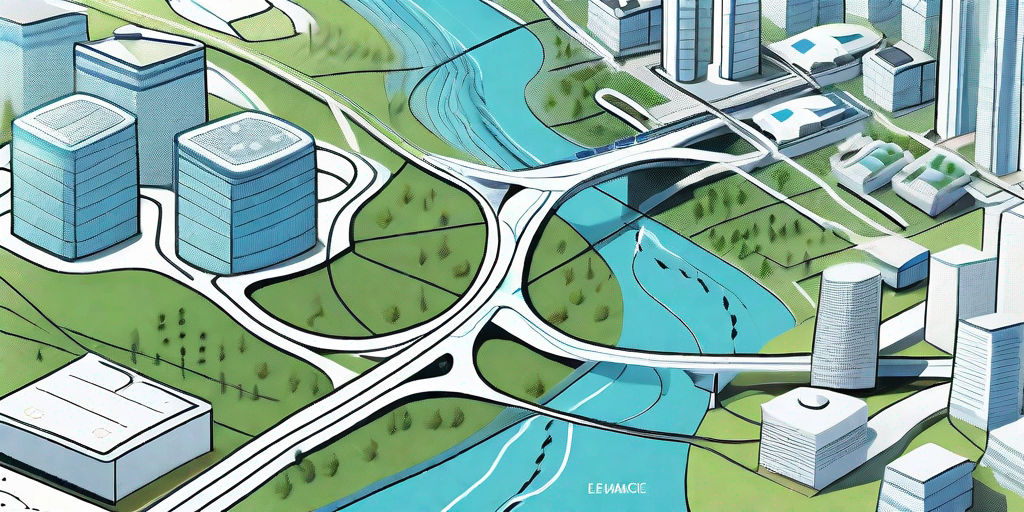 A cityscape with geospatial software overlays showing flood defense systems
