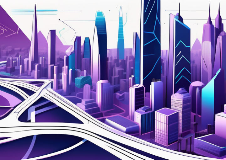 A futuristic cityscape with prominent geographical features