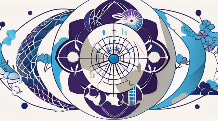 Various cultural symbols such as a chinese dragon