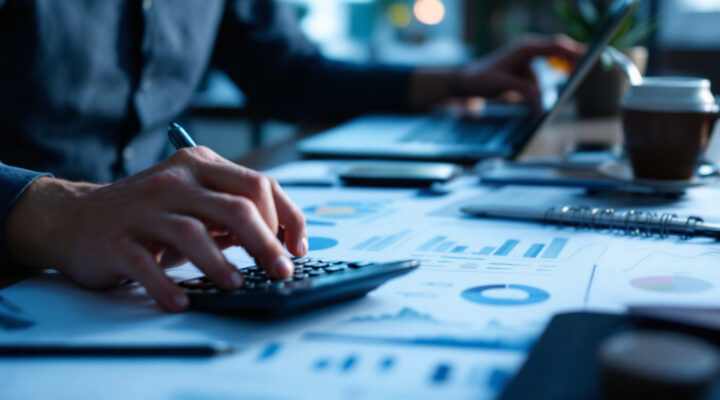A photograph of a business professional analyzing financial documents and charts in a modern office setting