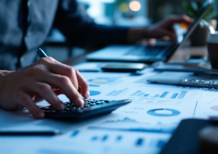 A photograph of a business professional analyzing financial documents and charts in a modern office setting