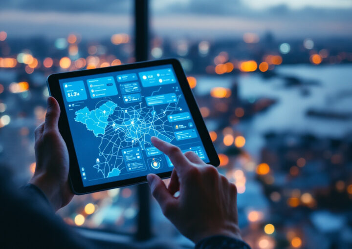 A photograph of a person interacting with a digital map interface on a tablet or smartphone