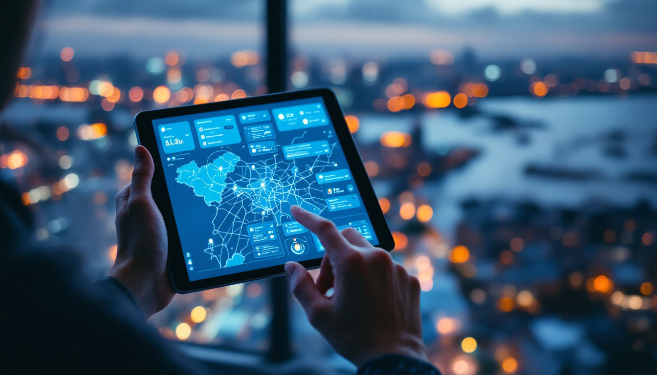 A photograph of a person interacting with a digital map interface on a tablet or smartphone