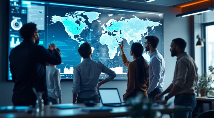 A photograph of a diverse team of professionals collaborating around a large digital map display in a modern office setting