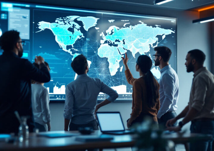 A photograph of a diverse team of professionals collaborating around a large digital map display in a modern office setting
