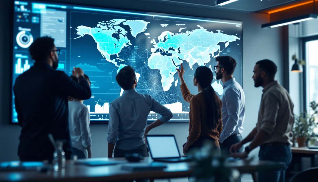 A photograph of a diverse team of professionals collaborating around a large digital map display in a modern office setting