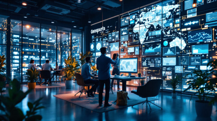 A photograph of a dynamic urban landscape showcasing the integration of geospatial technology