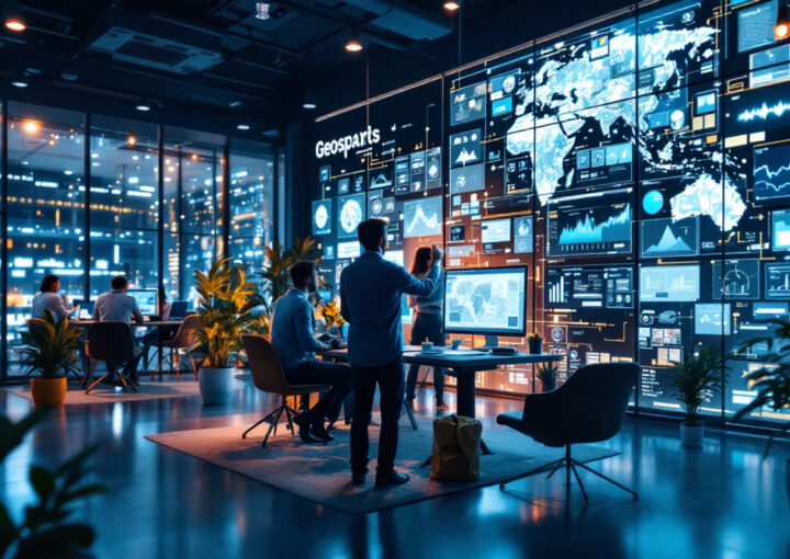 A photograph of a dynamic urban landscape showcasing the integration of geospatial technology