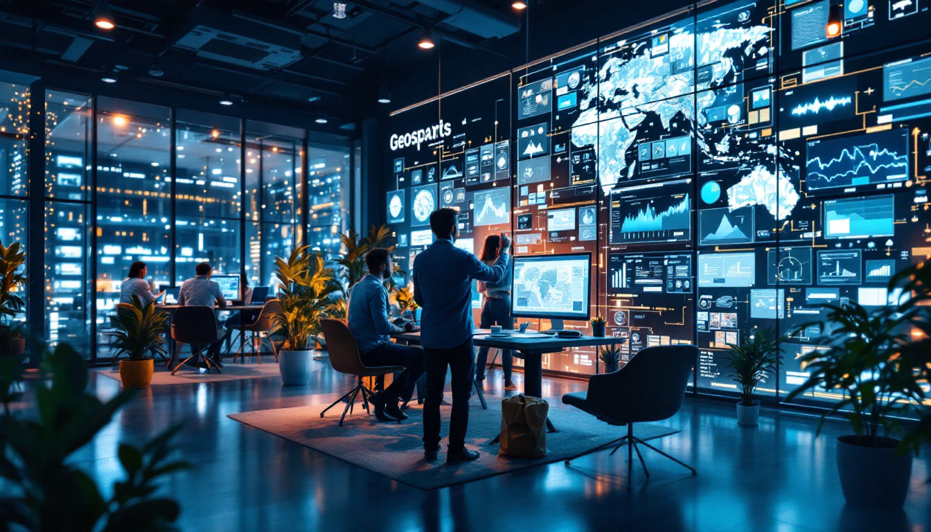 A photograph of a dynamic urban landscape showcasing the integration of geospatial technology