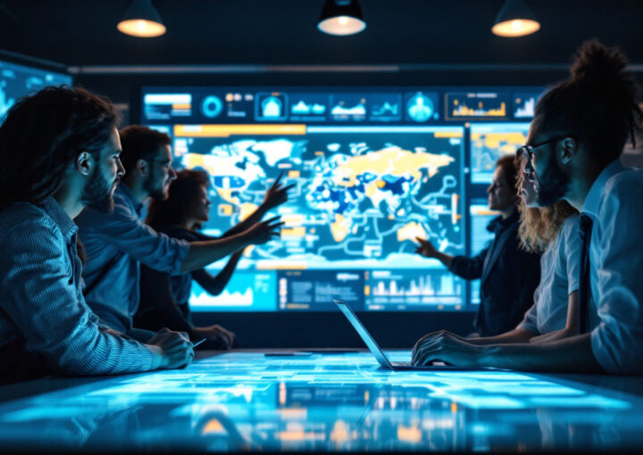 A photograph of capture a photograph of a diverse team of professionals collaborating around a large digital map display