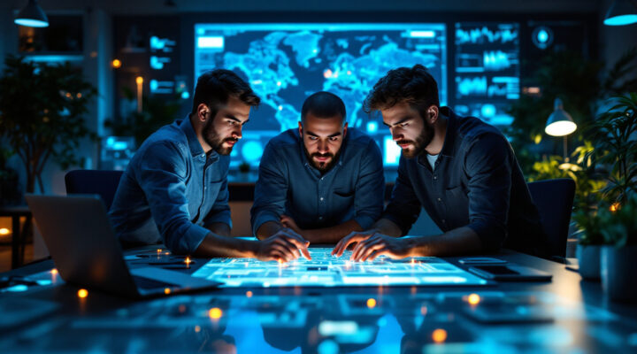 A photograph of a dynamic team of software engineers collaborating over a digital map interface