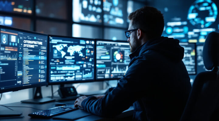 A photograph of a cybersecurity professional monitoring critical infrastructure systems on multiple screens