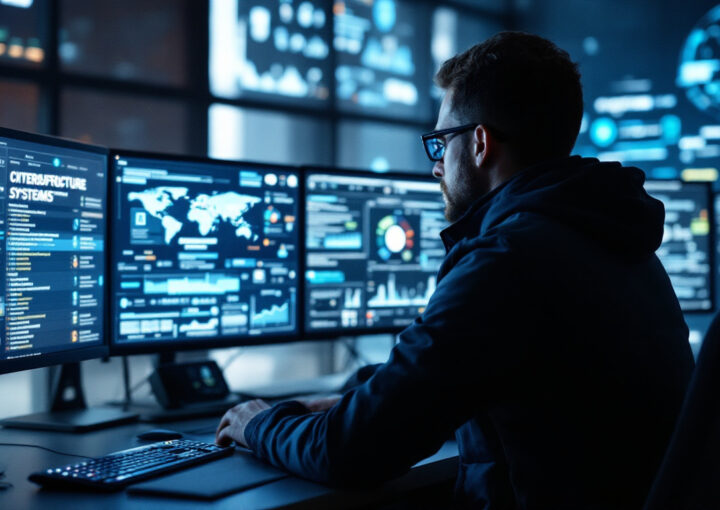 A photograph of a cybersecurity professional monitoring critical infrastructure systems on multiple screens
