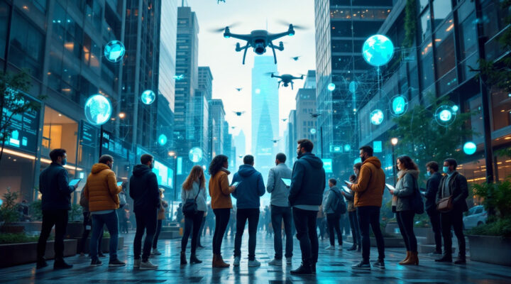 A photograph of a dynamic urban scene featuring a diverse group of people interacting with digital devices and real-time gis technology