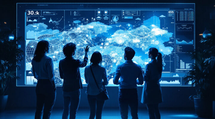 A photograph of a diverse team of professionals collaborating over a digital map on a large screen