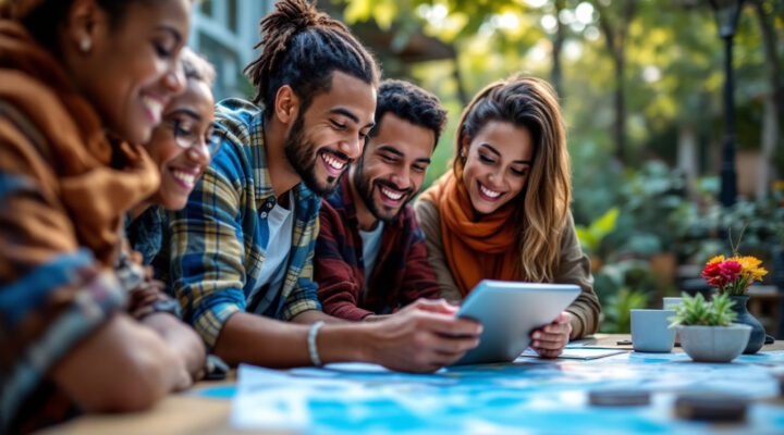 A photograph of a diverse group of people of varying ages and backgrounds engaging with a computer or tablet