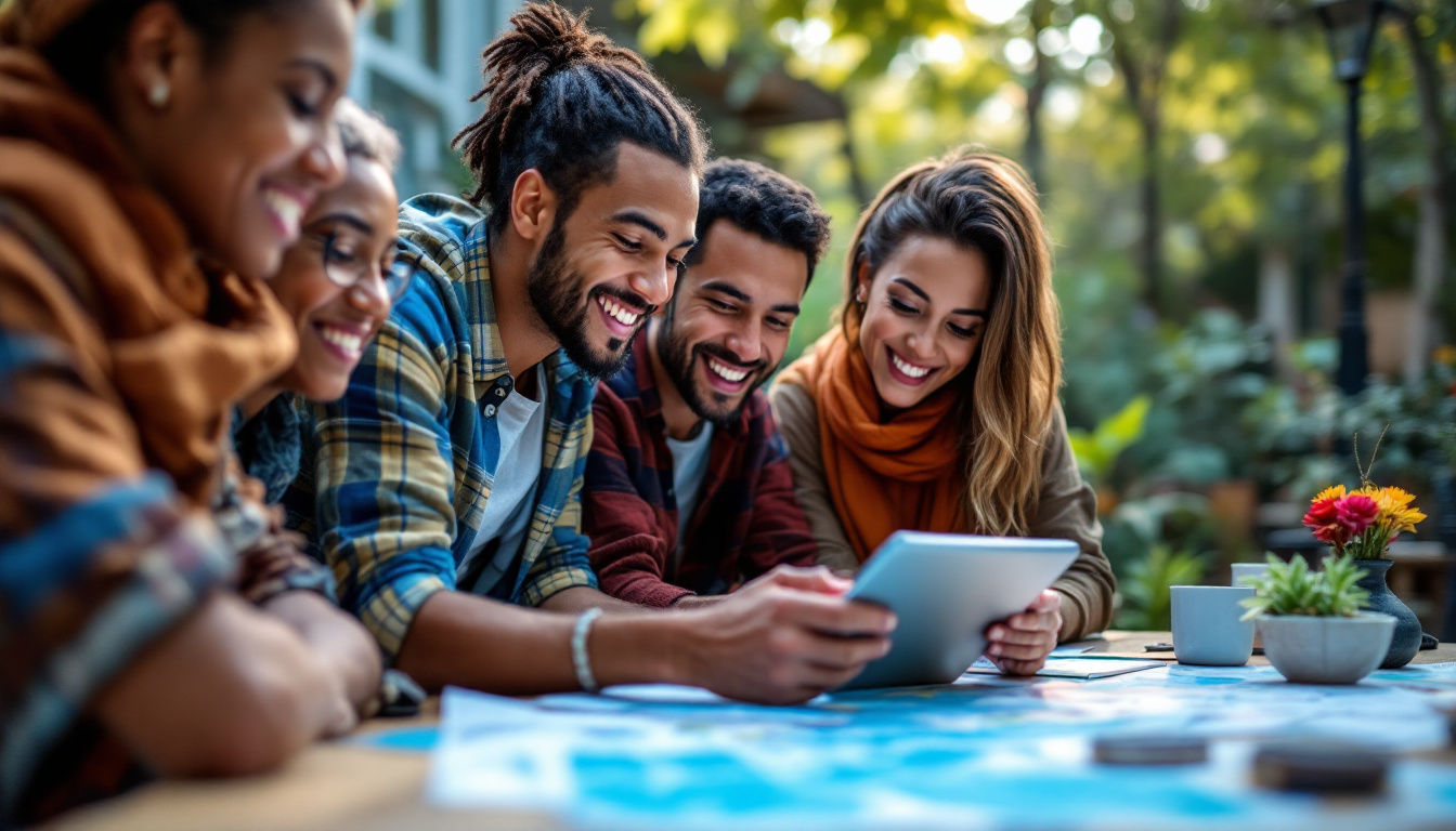 A photograph of a diverse group of people of varying ages and backgrounds engaging with a computer or tablet