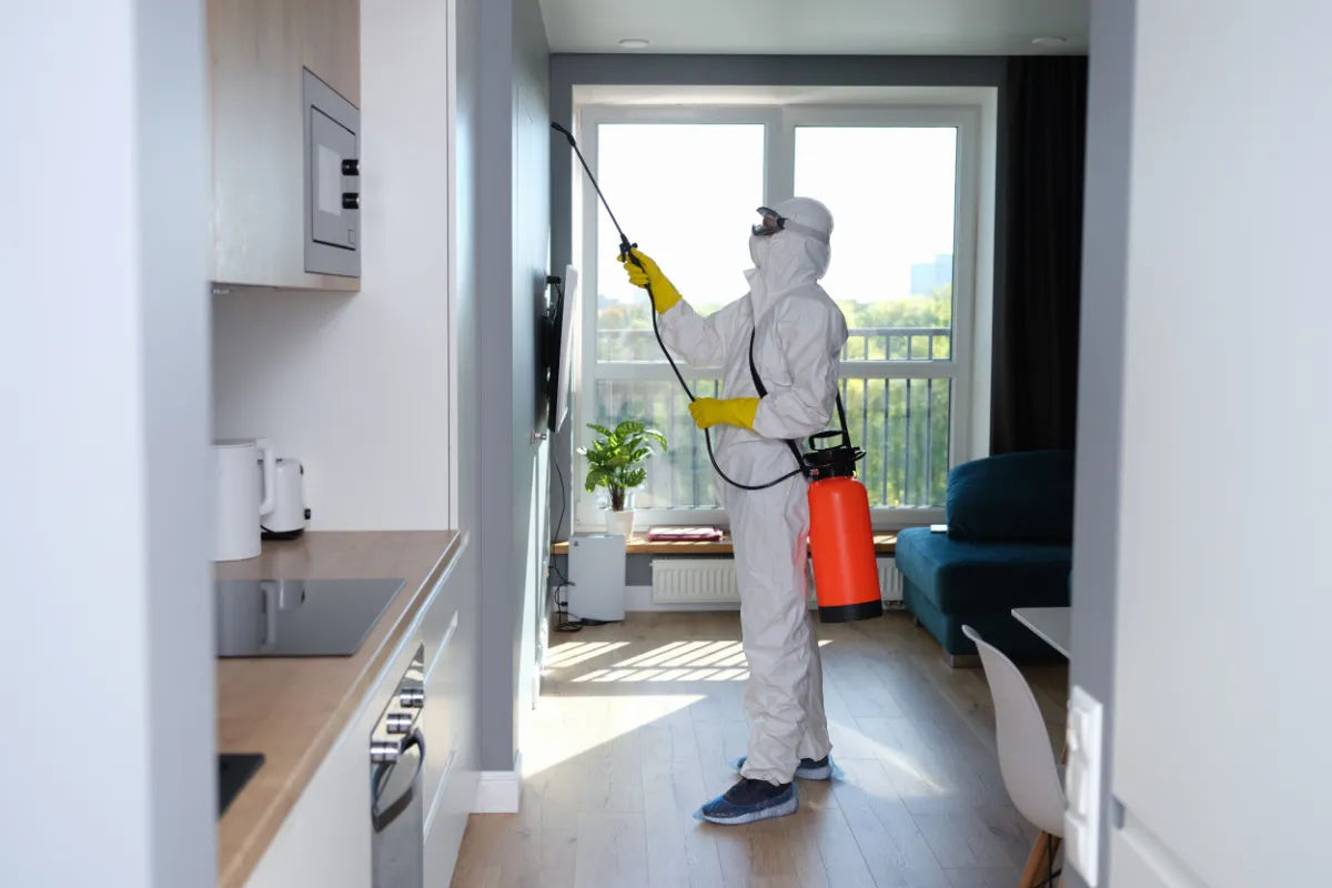 man in protective suit performing pest spraying and inspection