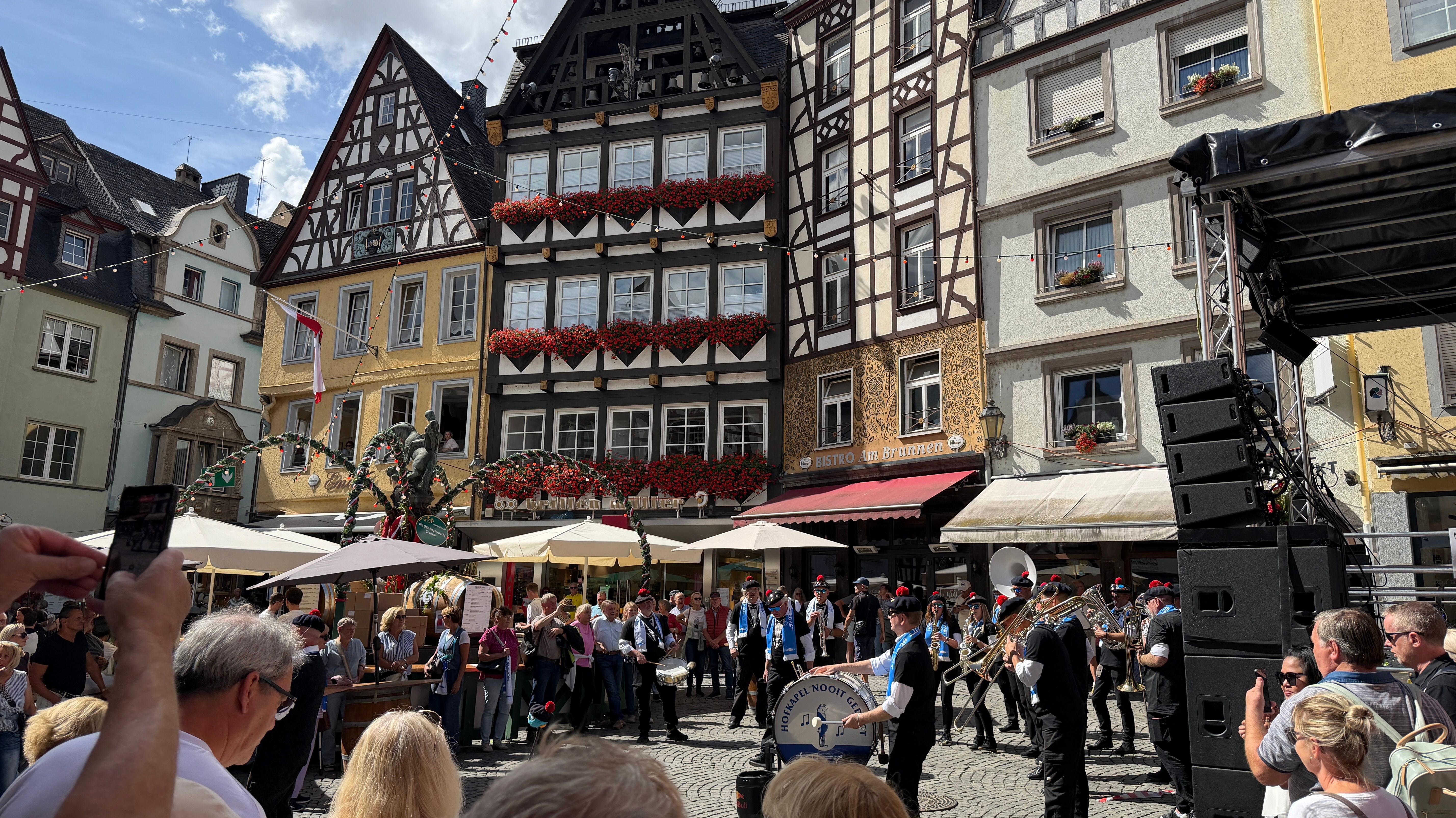 A brass band mid-street during the festival weekend