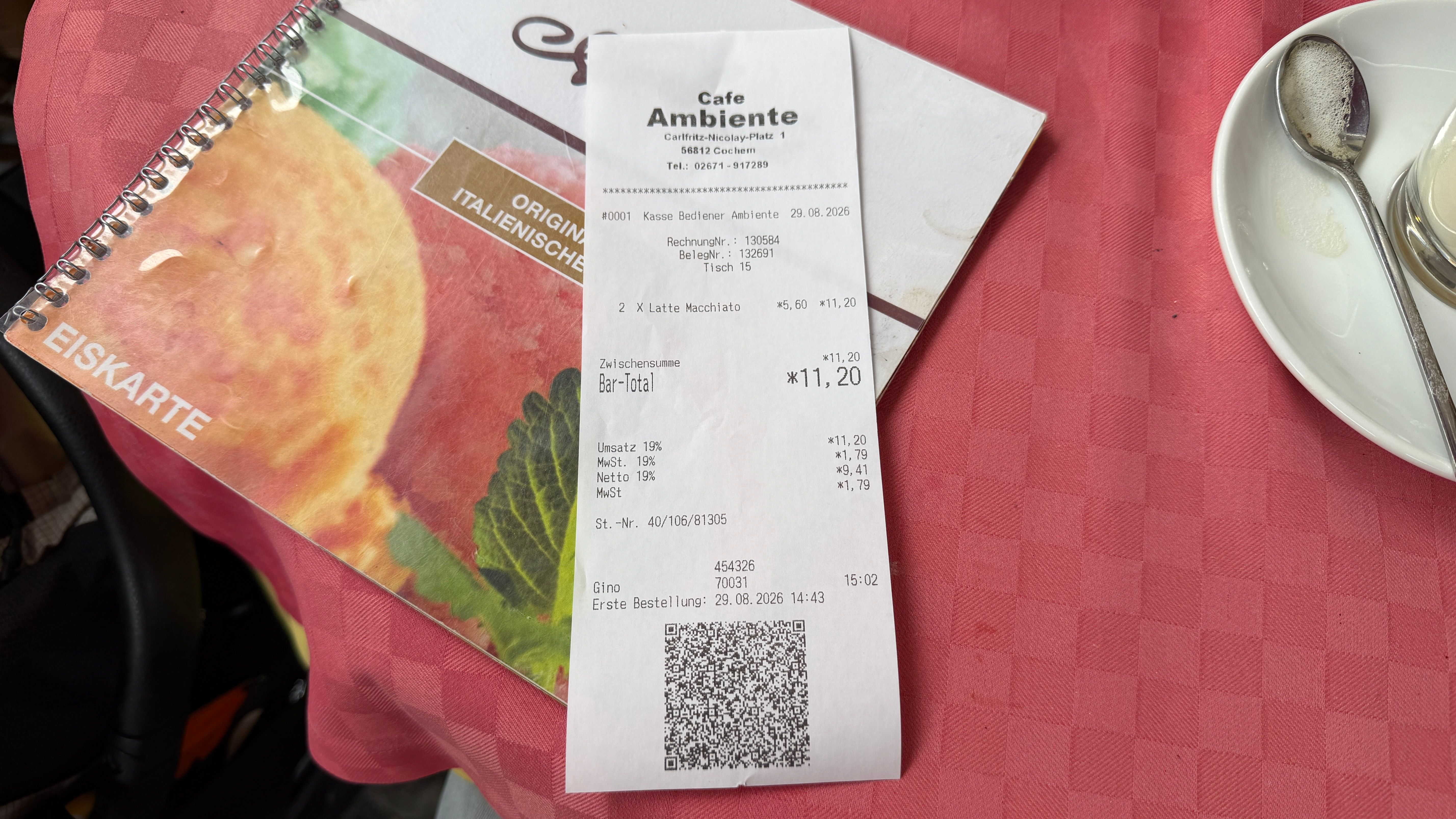 The Ambiente receipt — proof of the €5.60 latte