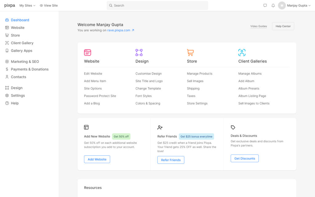 Pixpa Studio Dashboard