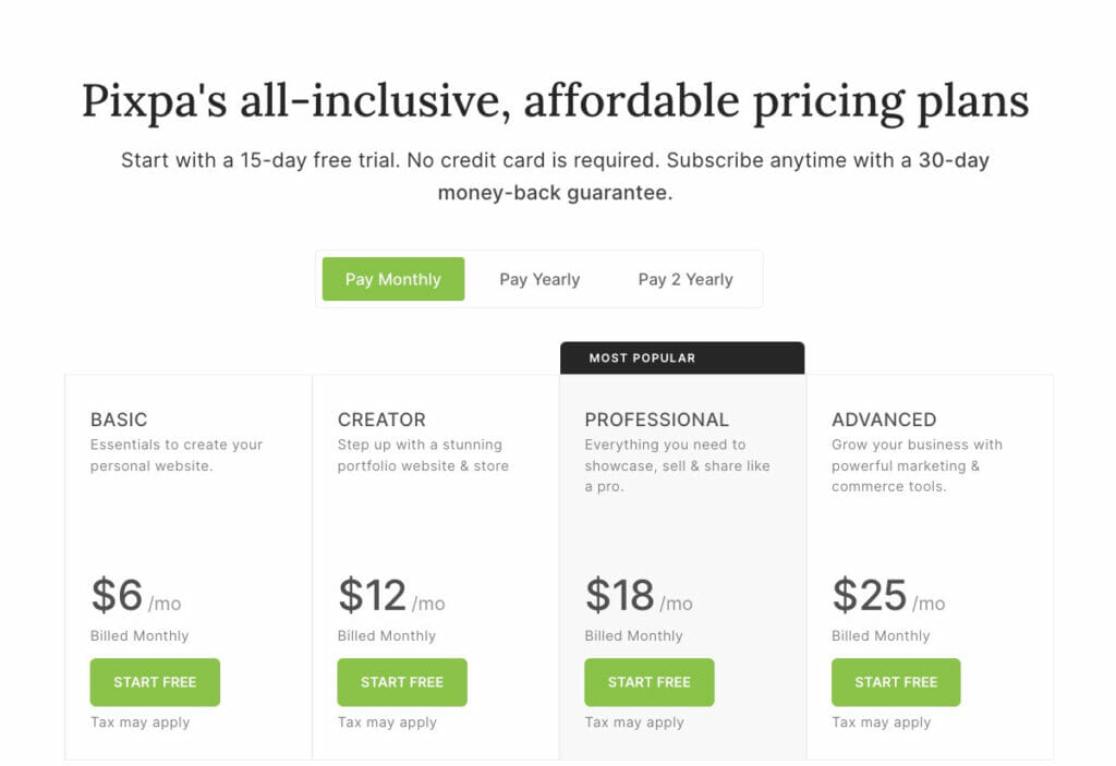 Pixpa Pricing Monthly