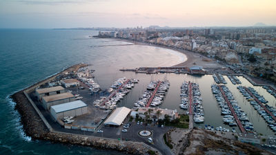 Aerial photo of a harbour in a Spanish town