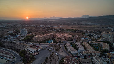 Sunset over Spanish town - aerial photo  