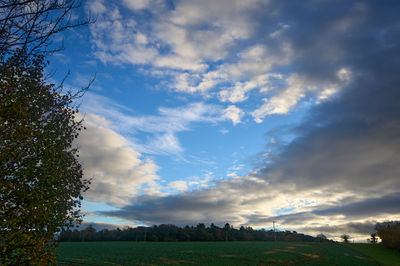 A picturesque blue sky with clouds above a green field and trees