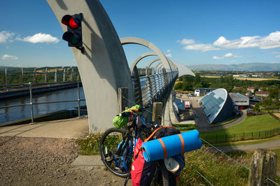 Falkirk Wheel - the end of Union Canal. A bicycle standing on a bank