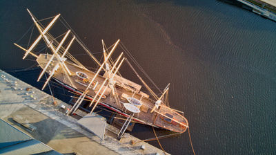 Tall Ship Glenlee berthed at Riverside Museum, Glasgow, drone photo