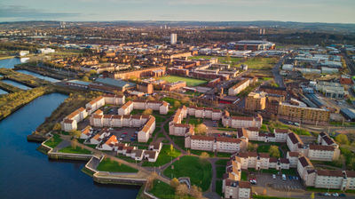 Glasgow, river Clyde, aerial view from Riverside Museum