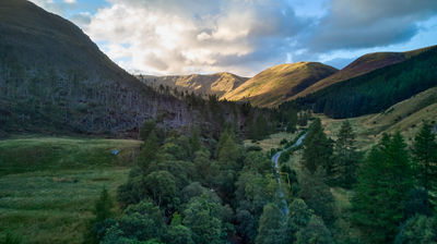 An aerial view of Glen Doll - mountains, pine forest and a road