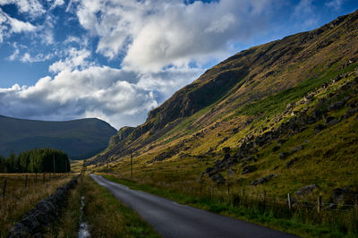 A road in Glen Doll in summer. Mountains on the right and pine forest on the left