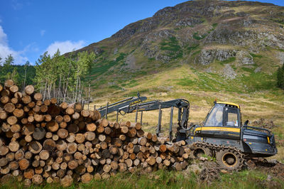 A pile of logs and a tree cutting machine in a Scottish glen with a mountain at the background